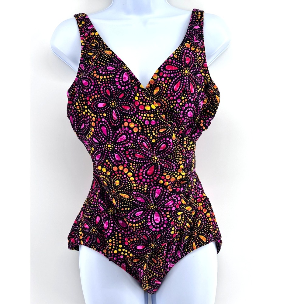 Jantzen One Piece Swimsuit Womens Sz 12 Faux Wrap Tummy Control Floral Coastal